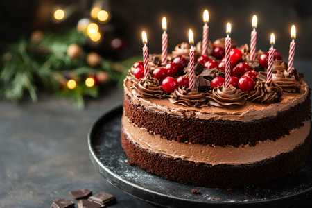 Chocolate birthday cake decorated with lit candles, cherries, chocolate shavings, and frosting swirls, creating a festive holiday dessertの素材