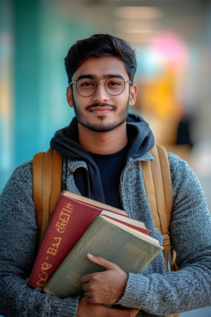 Portrait of a smiling young man holding books and wearing backpack at universityの素材