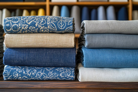 Variety of colorful folded fabrics stacked in piles on wooden table, showcasing different patterns and textures in textile shopの素材