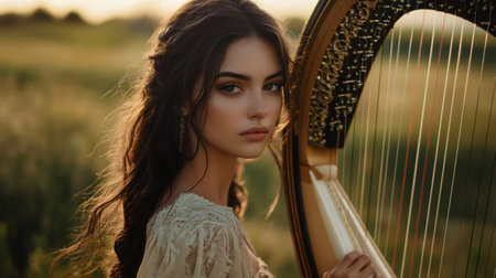 Musician is playing a harp in a golden field at sunset, creating a peaceful and enchanting atmosphereの素材