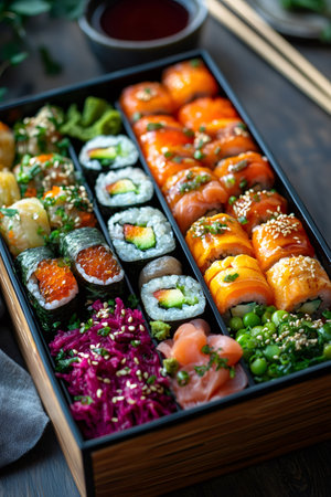 Wooden bento box filled with various sushi rolls, nigiri, pickled ginger, wasabi and edamame, offering a vibrant and diverse Japanese culinary experienceの素材