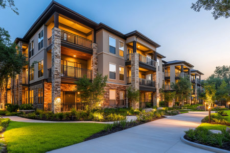 Luxury apartment complex glowing at twilight, featuring manicured landscaping, a paved walkway, and balconiesの素材