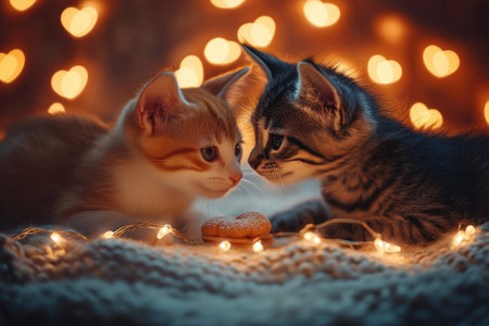 Two kittens are looking at each other near heart-shaped cookies with heart-shaped bokeh lights in the backgroundの素材