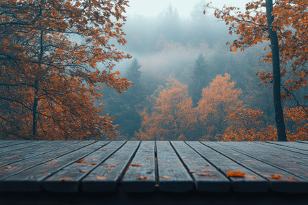 Wooden planks covered with dry leaves overlooking a misty autumn forestの素材