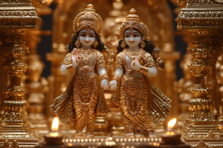 Beautiful radha krishna idols holding hands, adorned with gold ornaments and jewels, creating a divine and auspicious presenceの素材