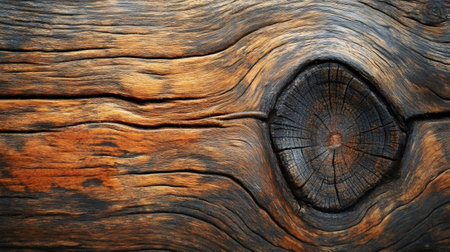 Close-up of a weathered piece of wood, revealing intricate growth rings and a captivating grain patternの素材