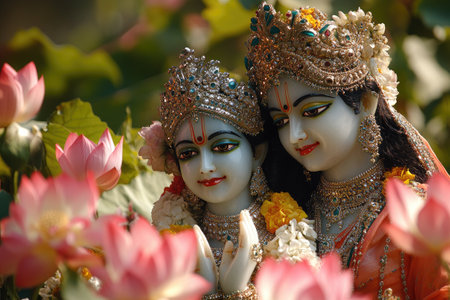 Statues of Radha and Krishna praying together, surrounded by pink lotus flowers, representing love and devotion in Hinduismの素材