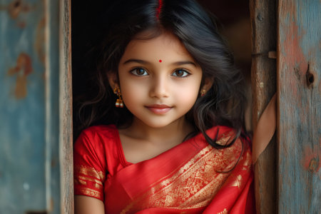 Portrait of a beautiful young Indian girl wearing a traditional red sari and posing in a doorwayの素材