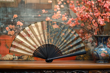 Traditional hand fan with orange and teal pattern displayed on a floral silk fabric, evoking a sense of elegance and cultural heritageの素材