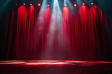 Spotlights illuminating red curtains on a theater stage with wooden floor, creating an elegant and dramatic atmosphereの素材