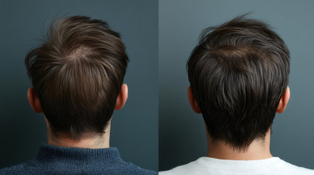 Man with receding hairline before and after hair loss treatment, rear viewの素材