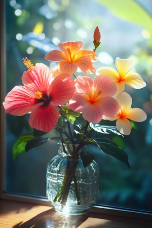 Vibrant hibiscus and frangipani flowers create a cheerful atmosphere in a glass vase, illuminated by sunlight on a window sillの素材