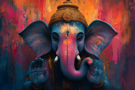 Colorful portrait of Hindu god Ganesha raising hands in blessing gesture, on a vibrant and textured backgroundの素材