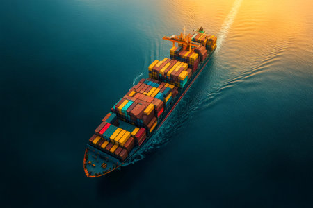 Cargo ship carrying colorful containers sailing on open water as sun sets, aerial viewの素材