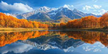 Beautiful landscape with snow-capped mountains reflecting in a lake with colorful autumn treesの素材