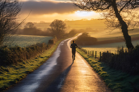 Athlete is running on a scenic country road at sunrise, enjoying the tranquility and beauty of natureの素材