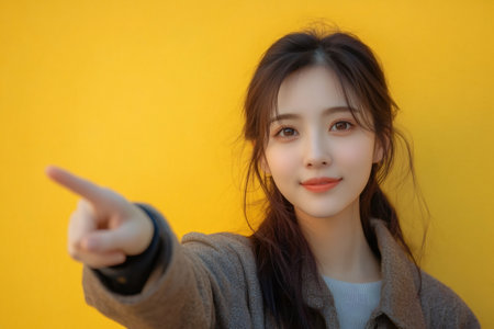 Young woman pointing her finger on a vibrant yellow background, creating a dynamic and engaging visualの素材