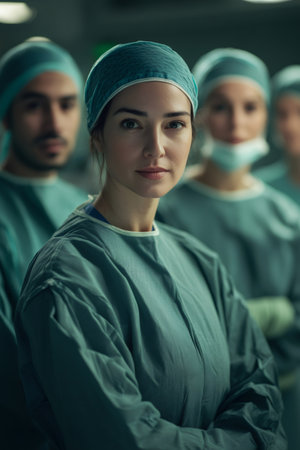 Female surgeon standing with arms crossed, leading her medical team in operating room, demonstrating confidence and expertiseの素材