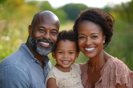Happy family smiling together in nature: father, mother and daughter sharing a special moment outdoorsの素材