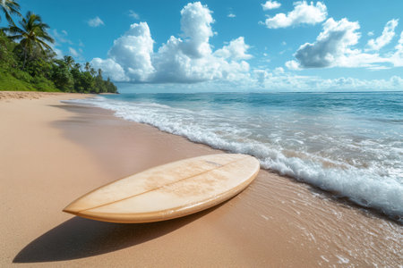 Surfboard lying on the beach, waves gently washing the sand, palm trees and cloudy sky in the backgroundの素材