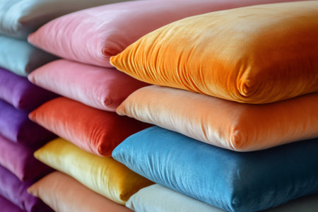 Vibrant velvet cushions stacked, offering both comfort and a pop of color to any interior settingの素材