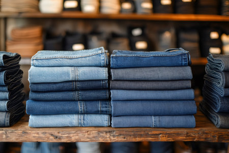 Many jeans are neatly folded and stacked on a wooden shelf, creating a visually appealing display in a clothing storeの素材