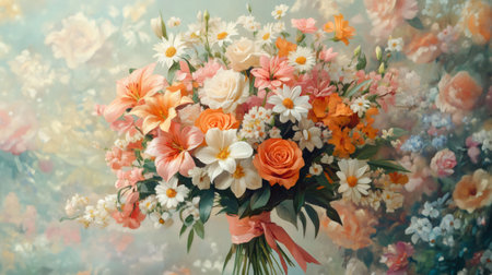 Beautiful bouquet of mixed flowers including lilies, roses, and daisies tied with a peach ribbonの素材