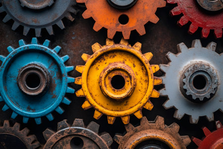 Close-up of colorful interlocking gears, symbolizing teamwork, engineering, and industrial processesの素材