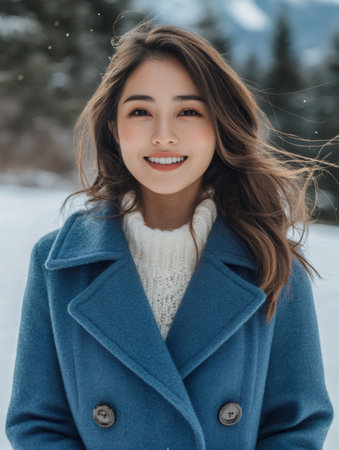 Smiling young woman enjoying a snowy winter day, wearing a blue coat and white sweaterの素材