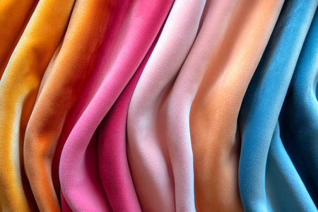 Soft, colorful velvet fabric draped in gentle waves, creating a luxurious and textured backgroundの素材