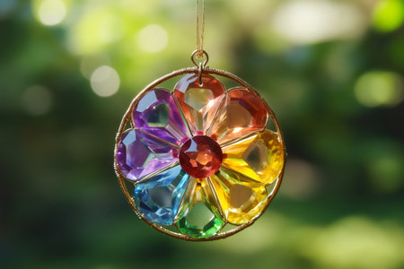 Beautiful handcrafted crystal flower ornament hangs outdoors, its vibrant colors catching the sunlightの素材