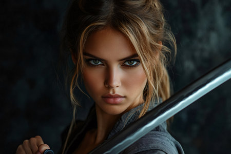 Strong woman warrior holding katana sword over shoulder, looking intenselyの素材