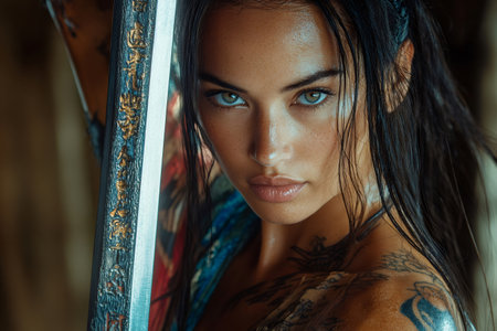 Fierce warrior woman with intricate tattoos holds a katana, her intense gaze reflecting strength and determinationの素材