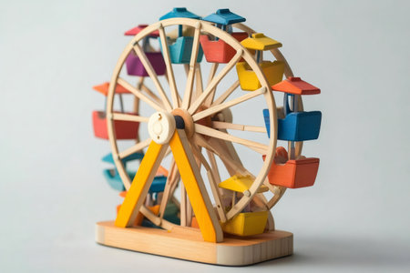 Small wooden ferris wheel with colorful cabins representing fun, childhood, and amusement parksの素材