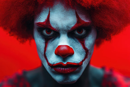 Close-up portrait of a scary clown staring intensely, creating a chilling and unsettling atmosphereの素材