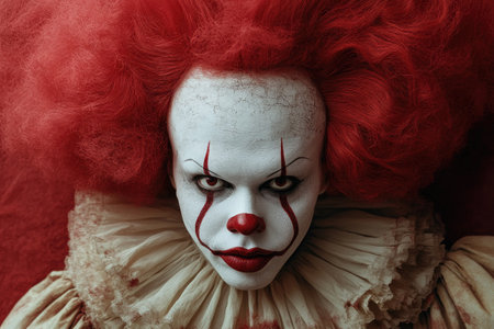 Evil clown wearing red costume and makeup with red hair frowning in front of red backgroundの素材