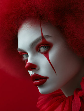 Portrait of a woman with artistic clown makeup and big red wigの素材