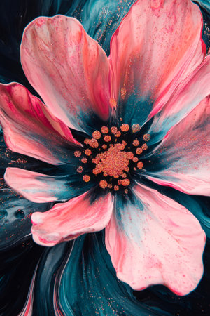 Abstract flower with pink and teal petals blooming on a dark background, featuring glitter details and fluid art texturesの素材