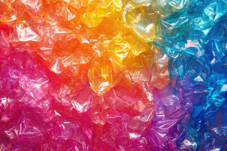 Crumpled cellophane candy wrappers forming a vibrant, colorful textured background with a rainbow gradientの素材