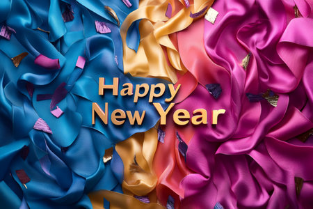 Golden happy new year message over colorful ribbons and confetti forming a festive backgroundの素材