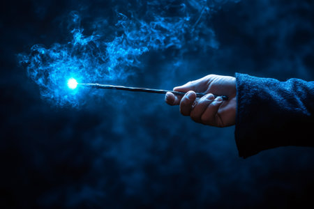 Wizard hand casting a spell with magic wand, emitting blue smoke in a dark, fantasy settingの素材