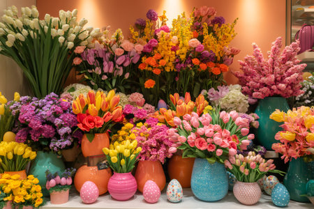 Vibrant bouquets of tulips, roses, and other flowers are displayed in colorful vases, adorned with Easter eggs, creating a cheerful spring atmosphereの素材