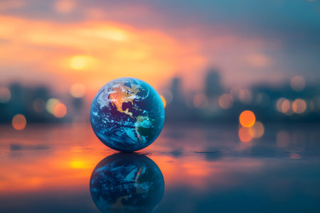Miniature planet earth model placed on wet surface reflects warm sunset glow over a blurred cityscapeの素材