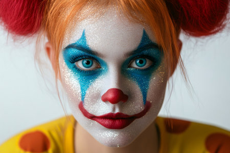 Woman wearing vibrant clown makeup with glitter, perfect for Halloween celebrations and costume partiesの素材