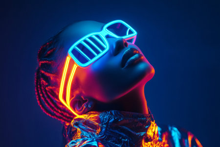 Studio portrait of a fashion model wearing neon light glasses and futuristic clothes, illuminated by colorful lightsの素材