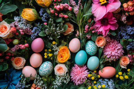 Pastel colored easter eggs nestled amongst colorful spring flowers creating a vibrant easter backgroundの素材