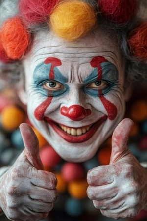 Creepy clown with thumbs up, smiling in front of colorful ballsの素材