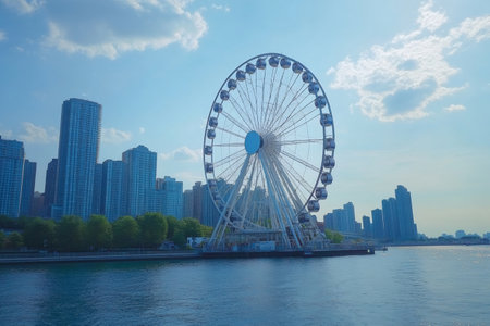 Ferris wheel standing tall against the backdrop of Chicago's impressive skyline on a bright dayの素材