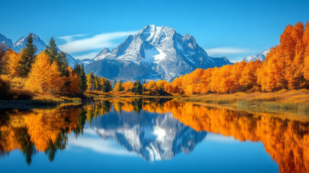 Scenic autumn landscape with colorful trees and Mount Moran reflecting in a lake in Grand Teton National Park, Wyoming, USAの素材
