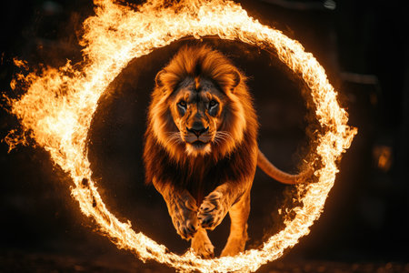 Powerful male lion leaping through flaming hoop, showcasing courage and strengthの素材